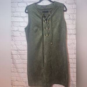 Sharagano Olive Green Sleeveless Dress‎ Lace Up Detail - Career Casual